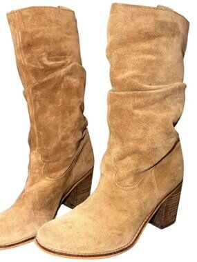 Vintage Suede Mid-Calf Slouchy Heeled Boots